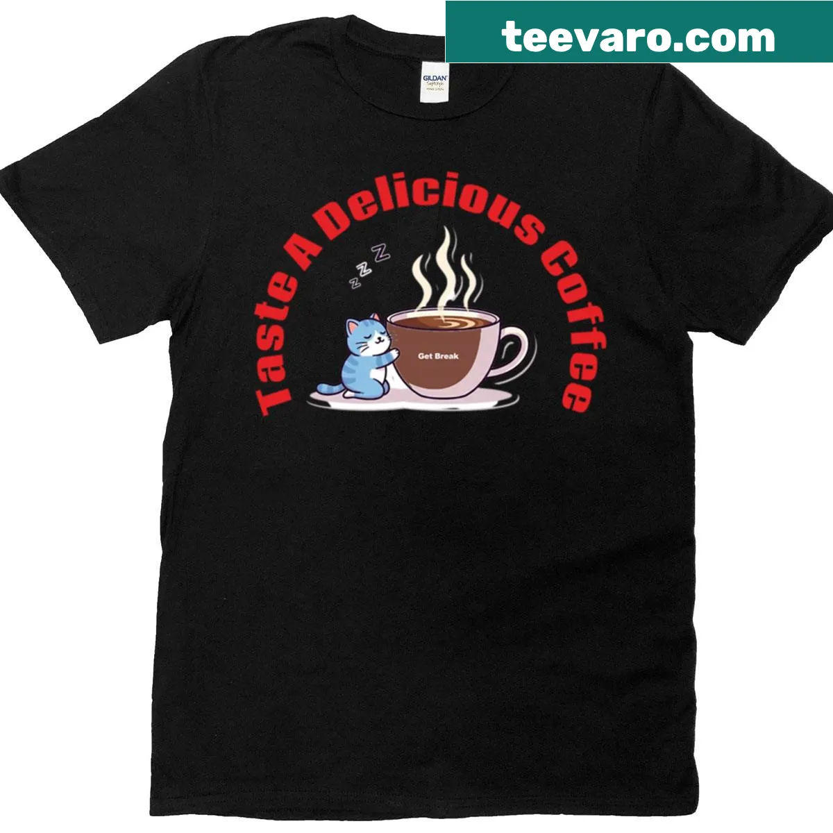 Funny lazy cat t-shirt with illustration of cat and coffee mug — on a men's t-shirt