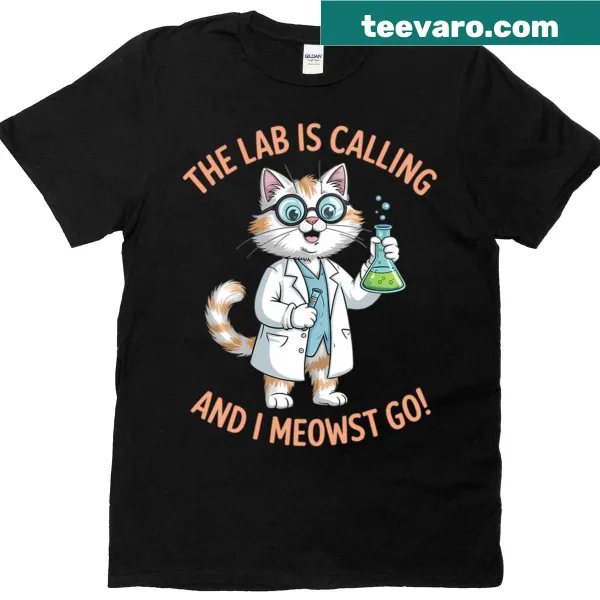 Illustrated T-shirt with a lab cat and the phrase 'Lab Calling' for science lovers