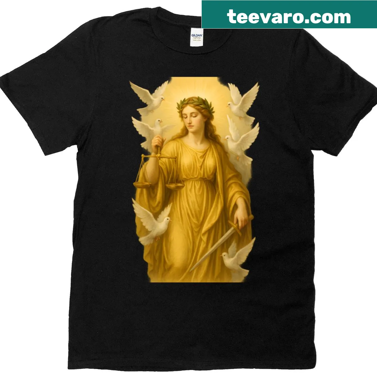 Illustration of the Goddess of Fairness with serene design — on a men's t-shirt