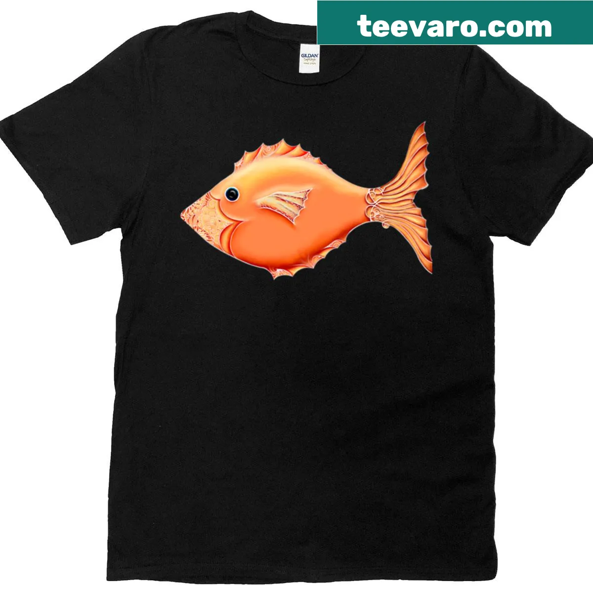 Charming golden fish graphic t-shirt — on a men's t-shirt