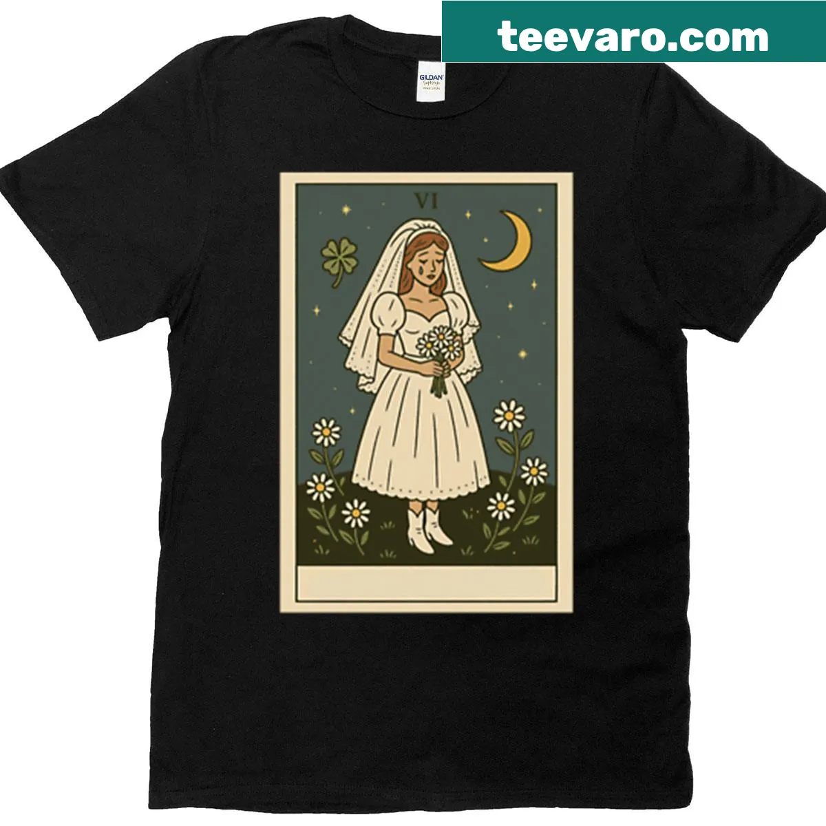 Whimsical tarot card graphic t-shirt with a positive message — on a men's t-shirt