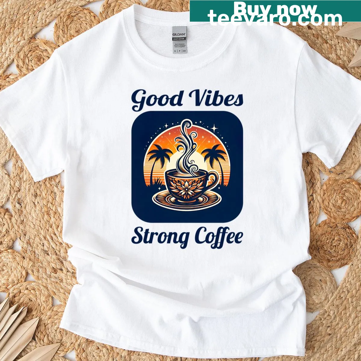 T-shirt with 'Good Vibes Strong Coffee' text for coffee enthusiasts — on a men's t-shirt