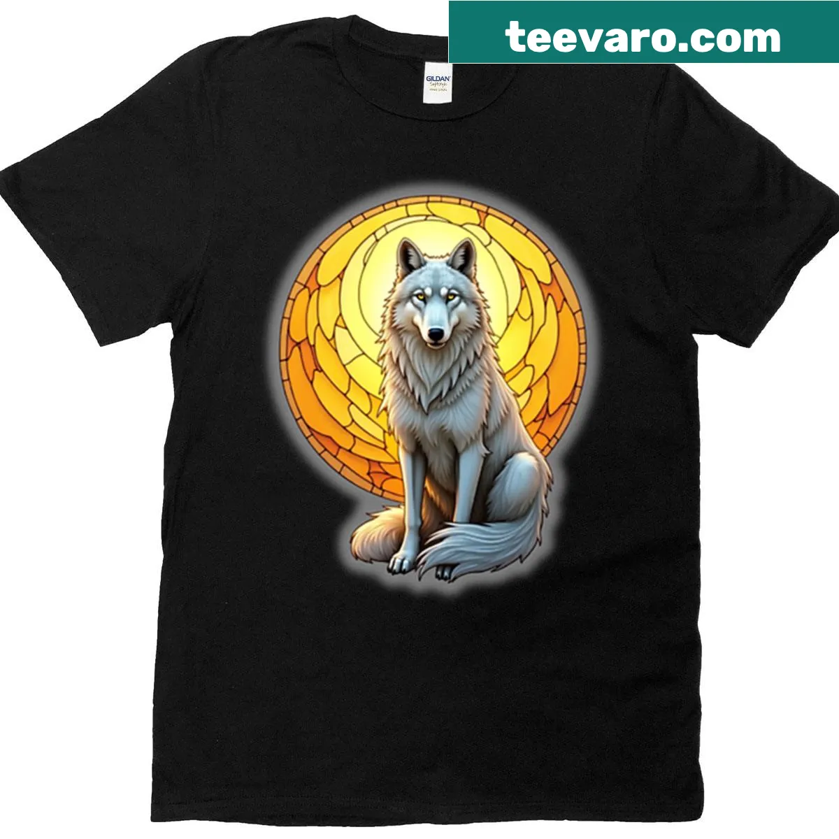 Realistic grey wolf graphic T-shirt — on a men's t-shirt