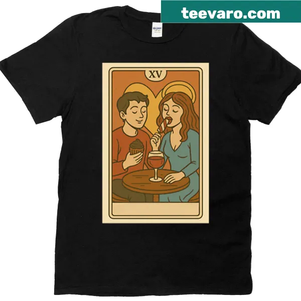T-shirt featuring a tarot card design with humorous text