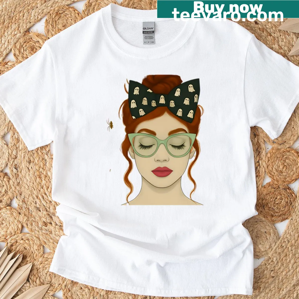 Halloween T-shirt with ghost, bow, and goth vibe illustration — on a men's t-shirt