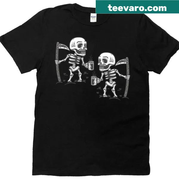 Grim reaper skeleton holding a coffee cup for Halloween
