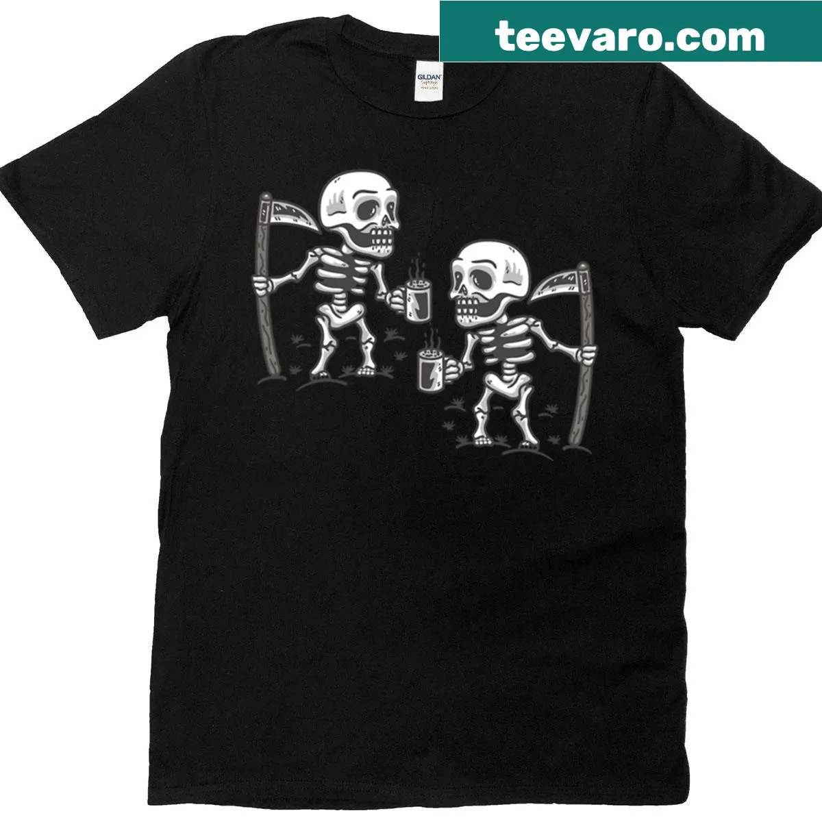 Grim reaper skeleton holding a coffee cup for Halloween — on a men's t-shirt