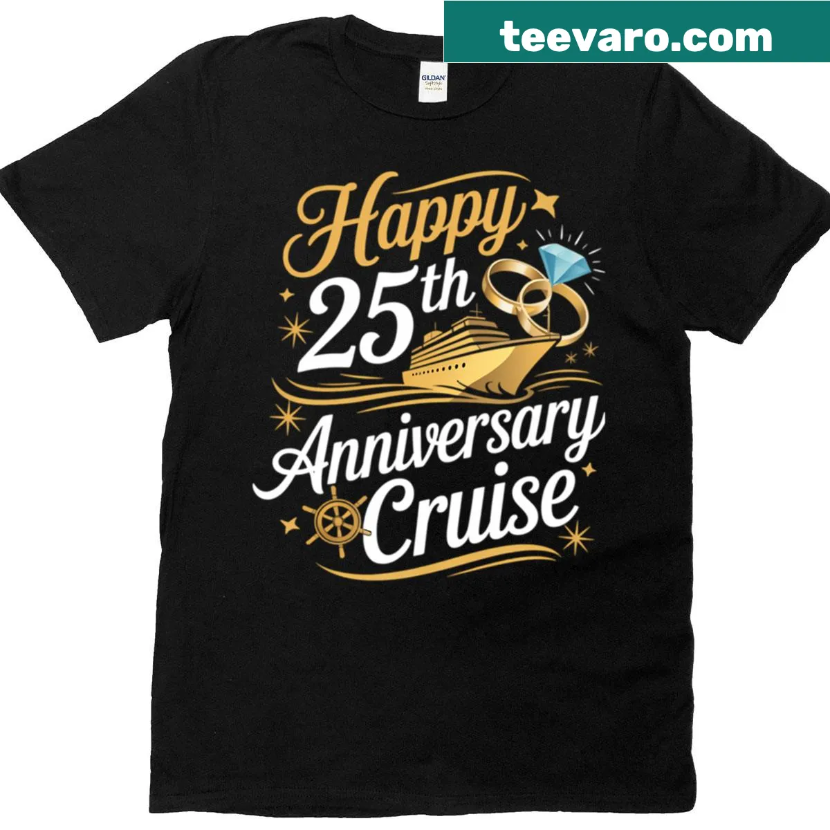 T-shirt celebrating 25th anniversary with cruise ship illustration — on a men's t-shirt