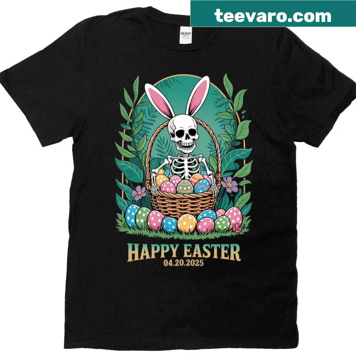 Easter Bunny skull skeleton graphic with smoking elements in funny design — on a men's t-shirt