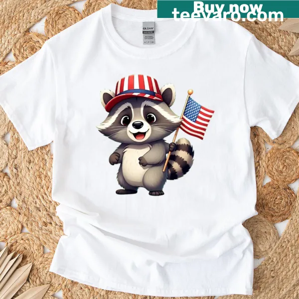 Adorable raccoon holding the American flag graphic