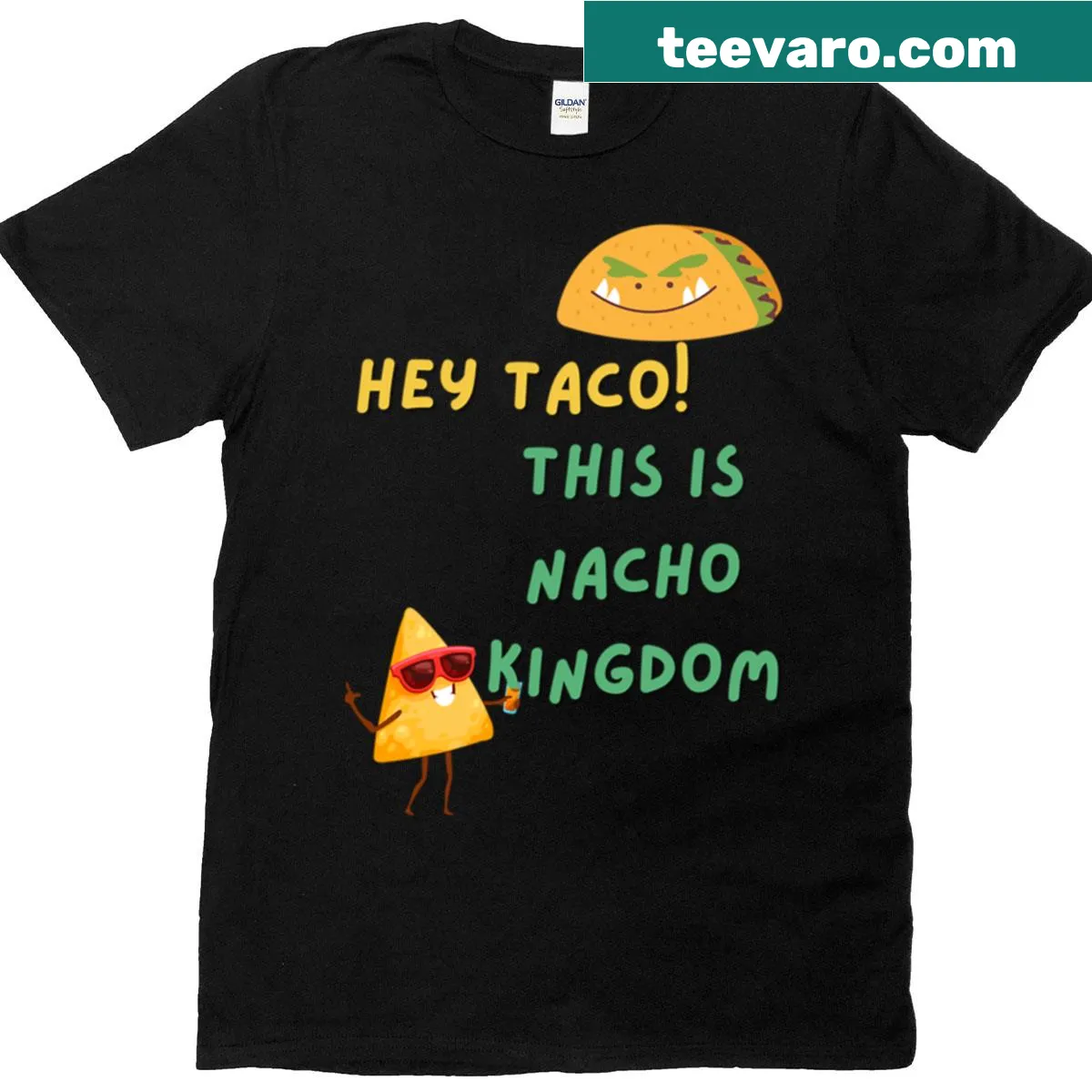 Cartoon T-shirt celebrating tacos with playful text — on a men's t-shirt
