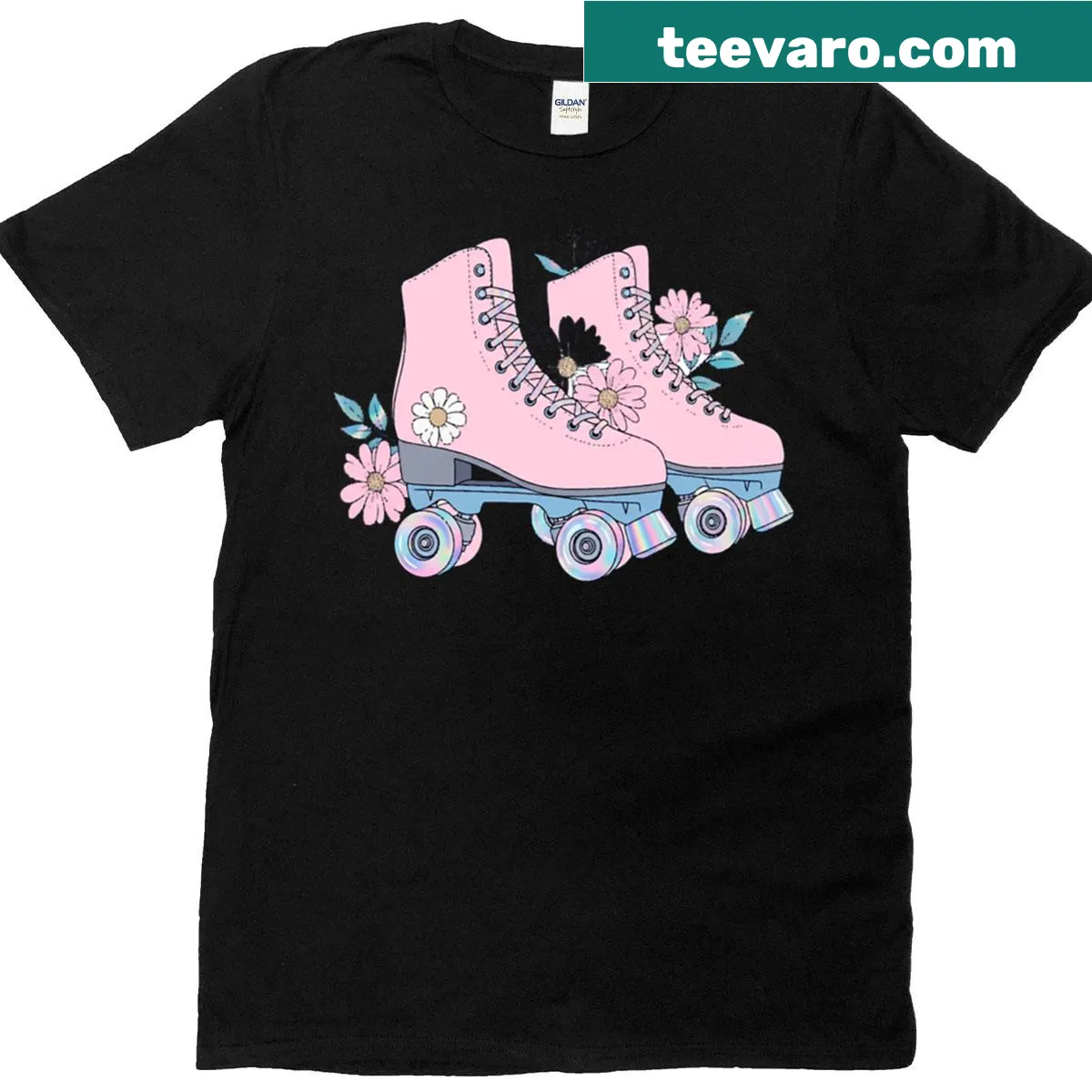 Pop art illustration of roller skates with holographic accents. — on a men's t-shirt