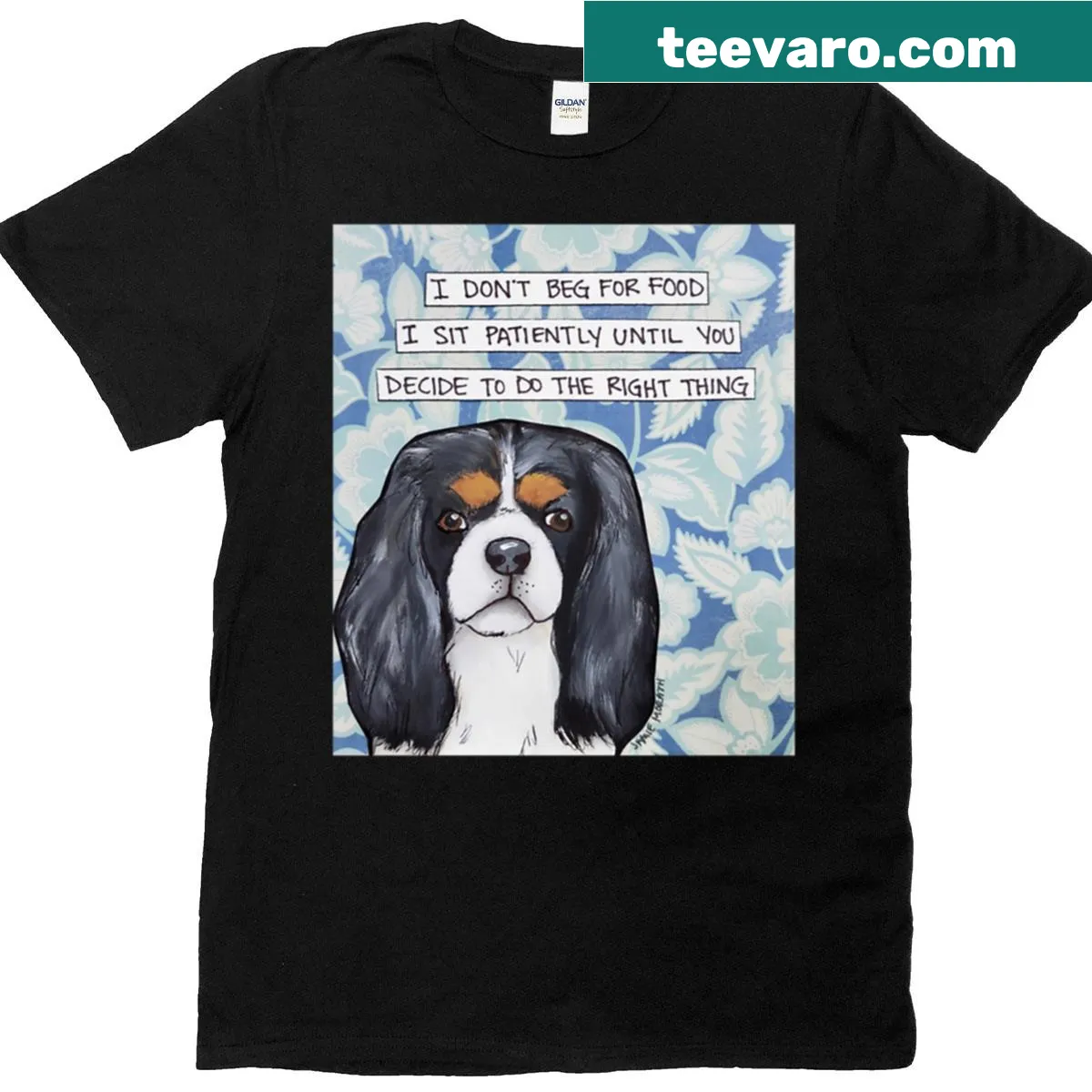 Hand-drawn Cavalier King Charles Spaniel with humorous text on t-shirt — on a men's t-shirt