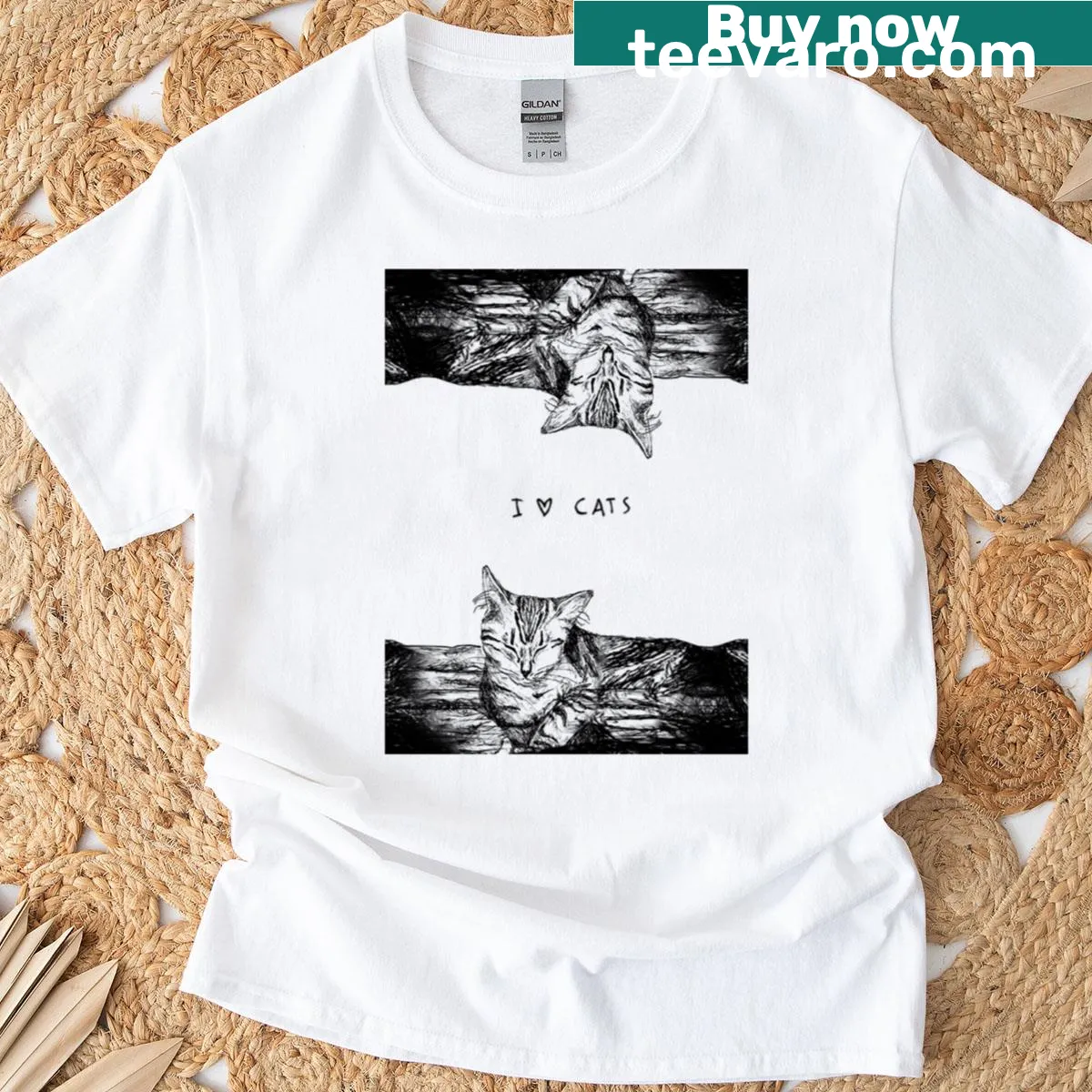Hand-drawn mirrored design featuring the phrase 'I Love Cats'. — on a men's t-shirt