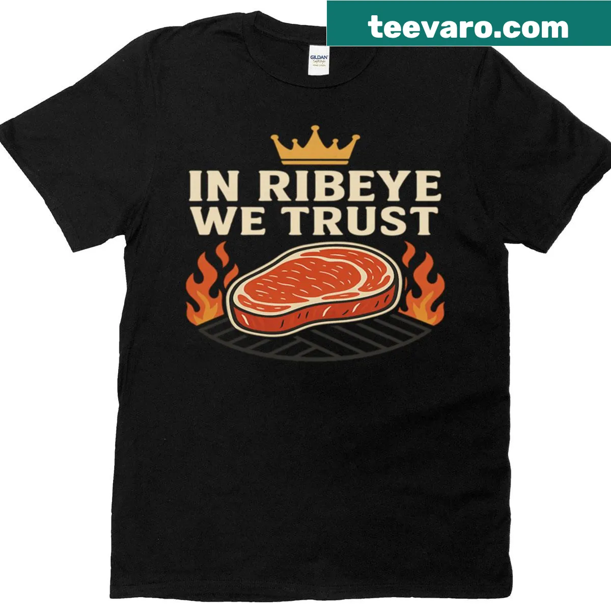 T-shirt with a playful steak-themed graphic and text — on a men's t-shirt
