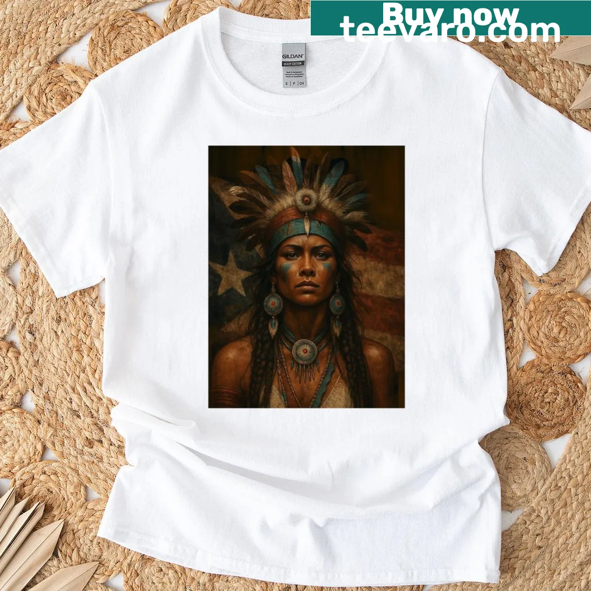 Illustration of an Indigenous Taino woman with the Puerto Rican flag — on a men's t-shirt