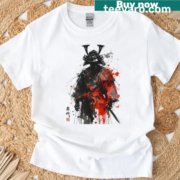 Illustration of a samurai emerging from ink splashes on a t-shirt