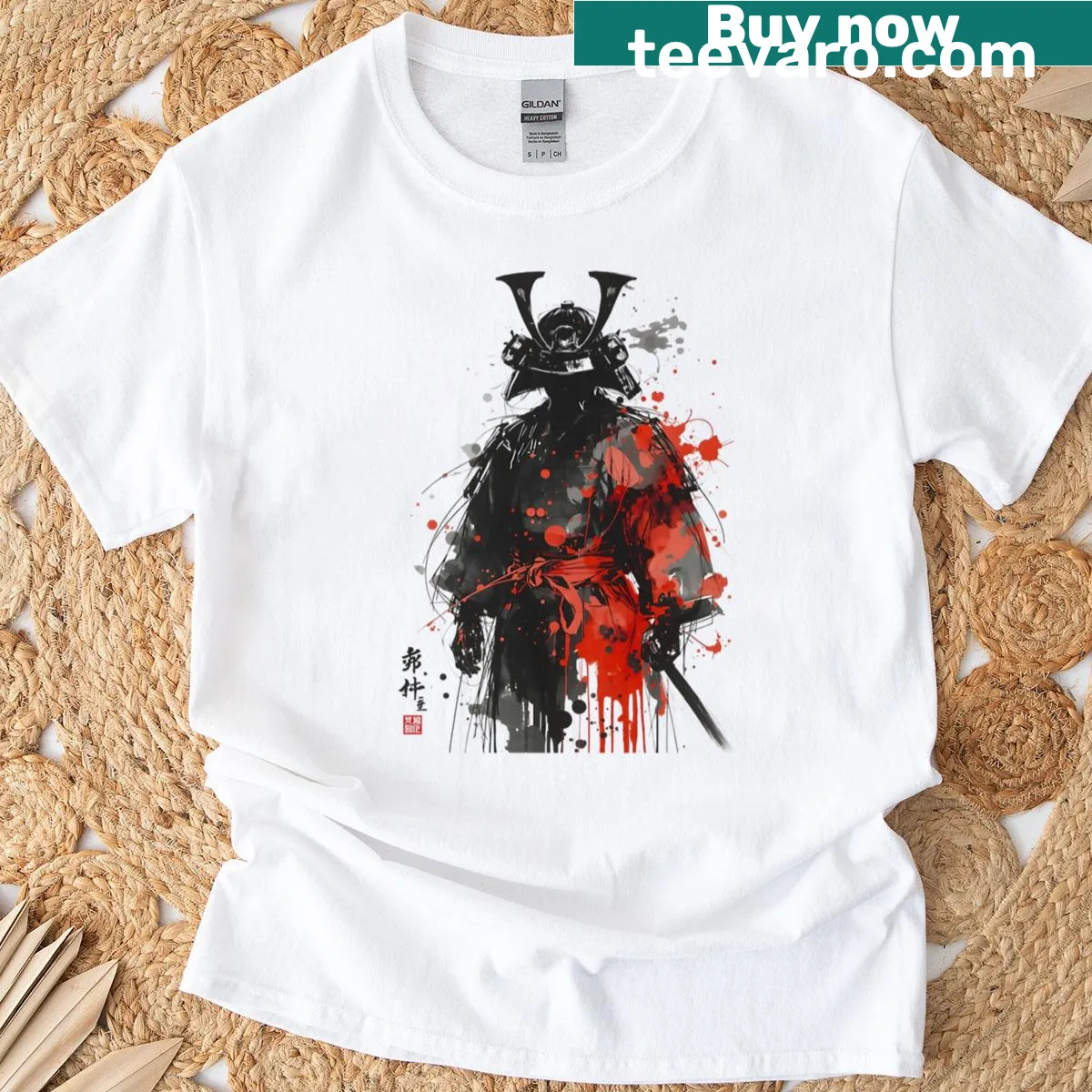 Illustration of a samurai emerging from ink splashes on a t-shirt — on a men's t-shirt