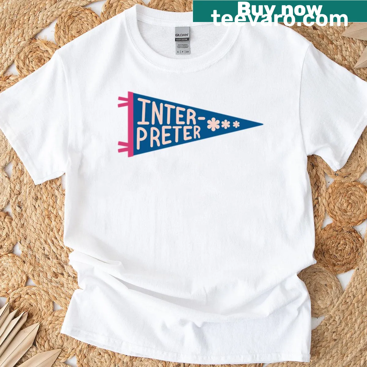 Pennant flag graphic t-shirt celebrating languages and interpretation — on a men's t-shirt