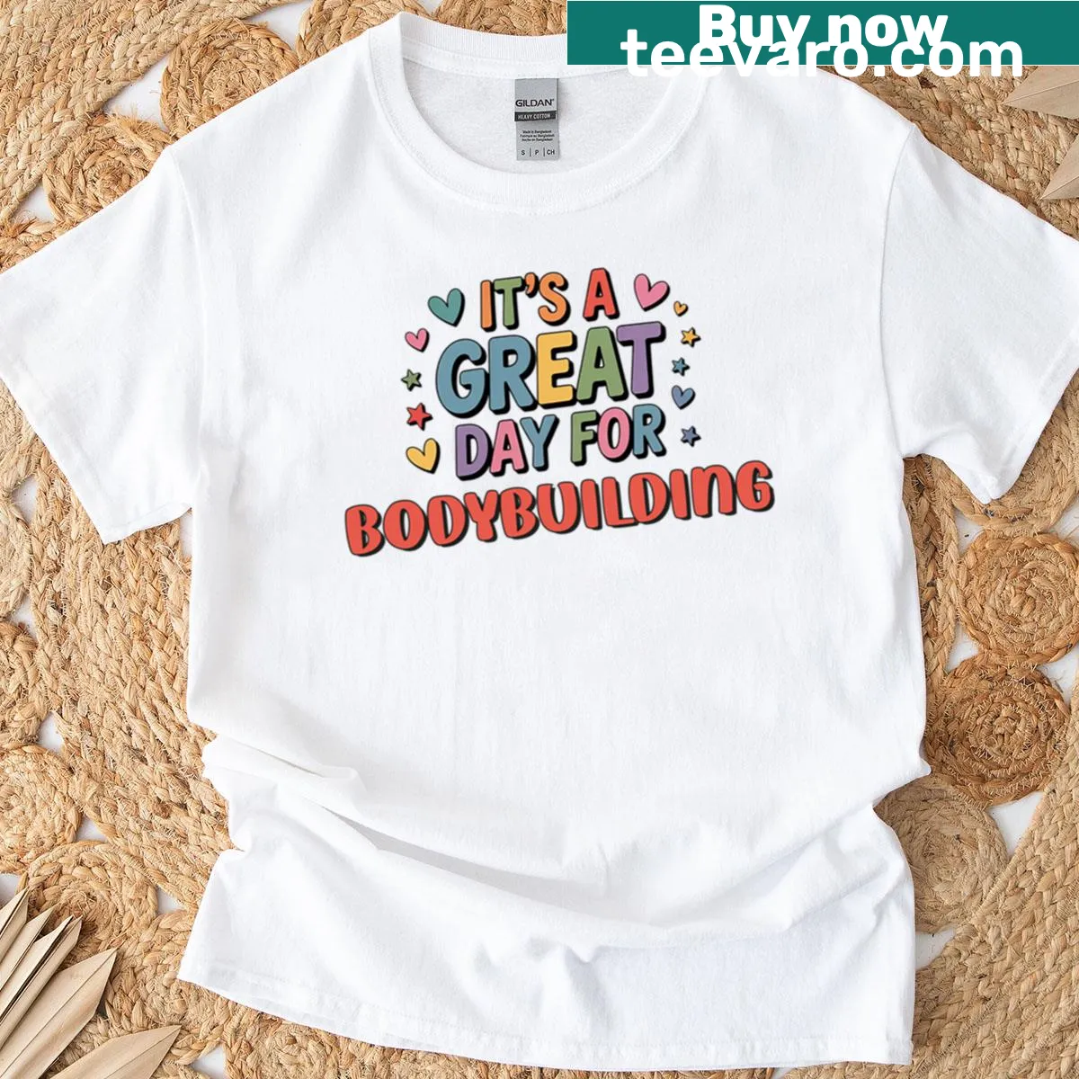 Funny bodybuilding t-shirt with a motivational slogan in bold text — on a men's t-shirt