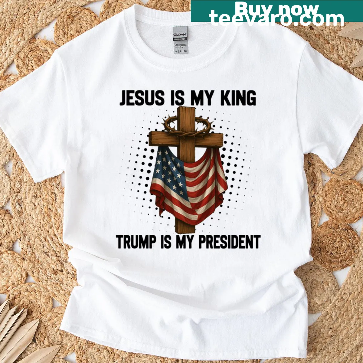Text design with cross and crown on a religious-themed t-shirt — on a men's t-shirt