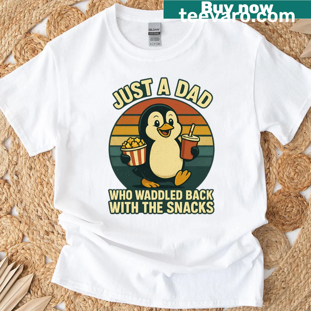 Funny T-shirt with a penguin illustration and humorous text about snacks — on a men's t-shirt