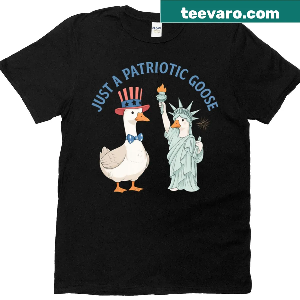 Humorous T-shirt featuring a patriotic goose for the Fourth of July — on a men's t-shirt