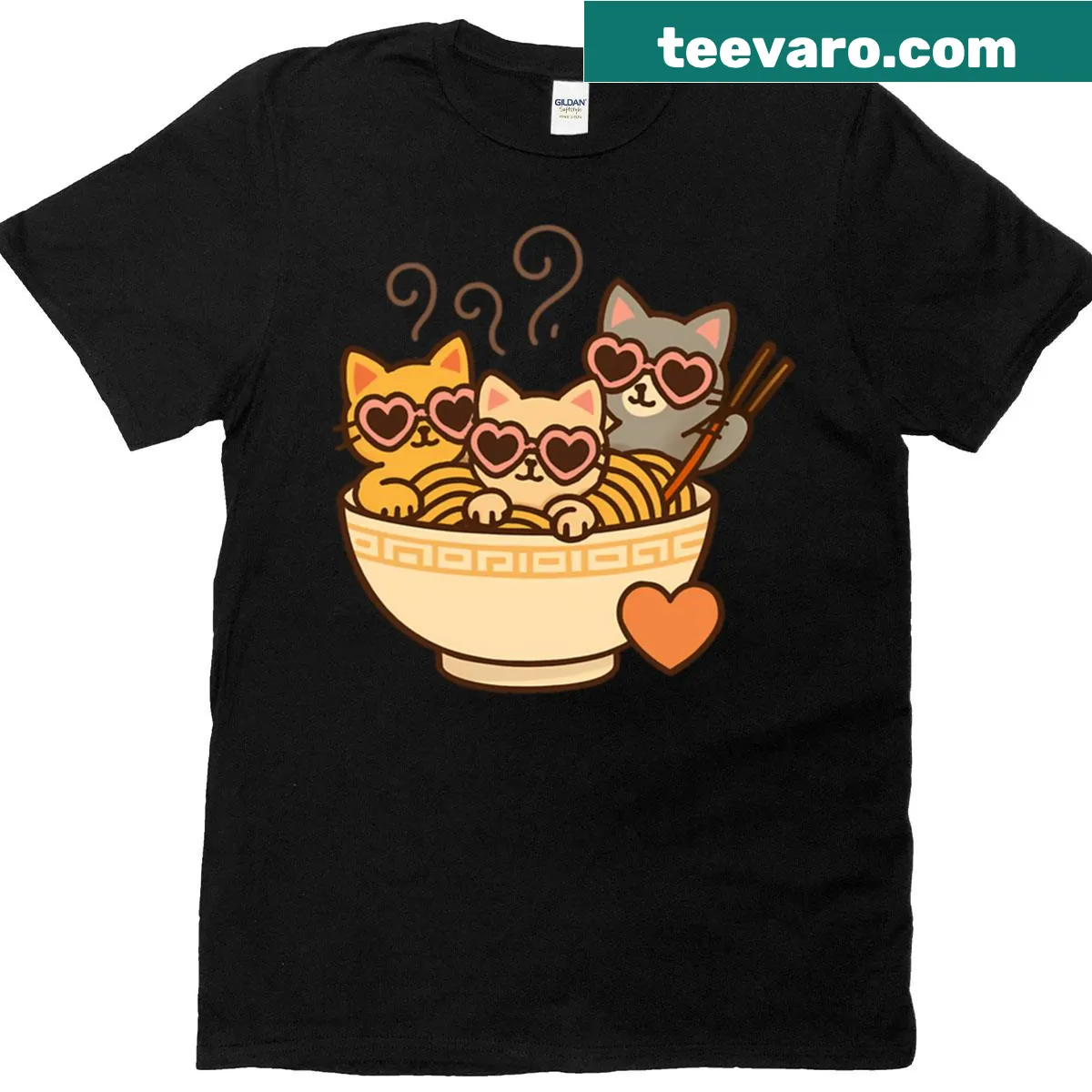 Charming t-shirt with cute cats enjoying ramen in a bowl — on a men's t-shirt