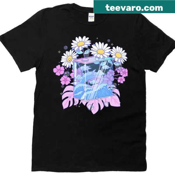 Kawaii t-shirt featuring a playful ocean cube scene with marine characters
