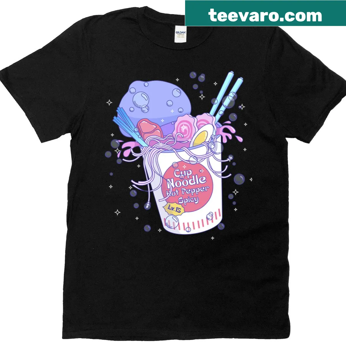Cute t-shirt featuring a happy cup of spicy noodles design — on a men's t-shirt
