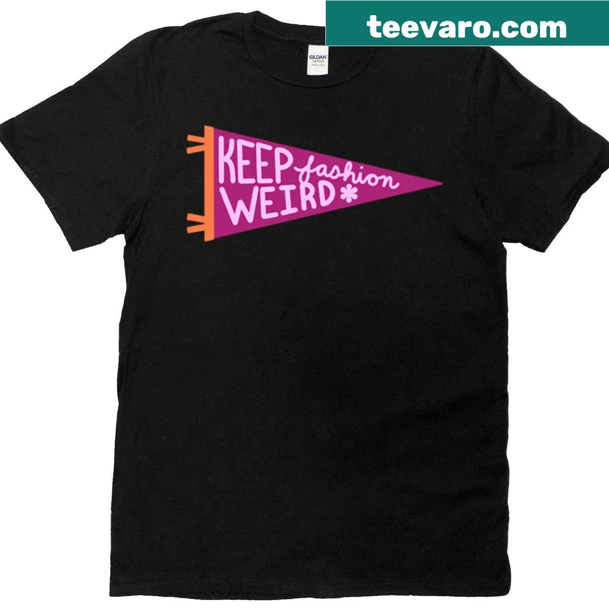 Eclectic 'Keep Fashion Weird' pennant design t-shirt — on a men's t-shirt