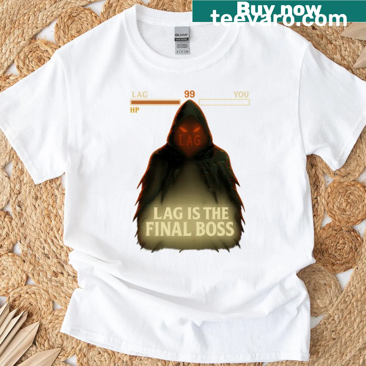 Gaming T-shirt featuring the phrase 'Lag Is The Final Boss' in a playful design. — on a men's t-shirt