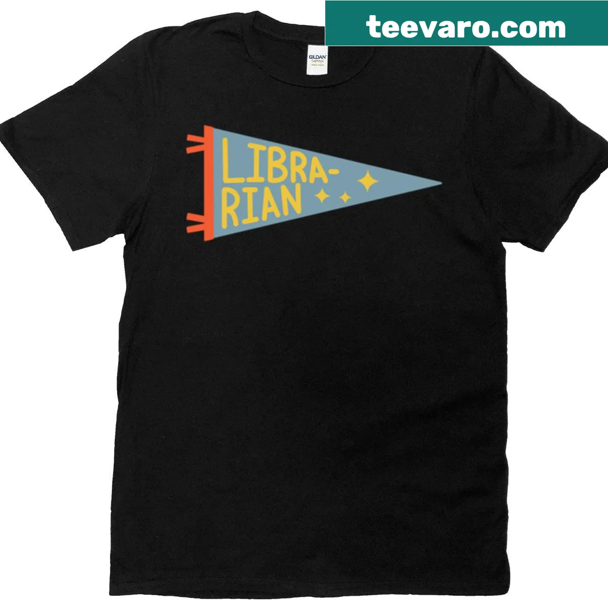 Cute librarian-themed T-shirt with pennant flag design promoting reading — on a men's t-shirt