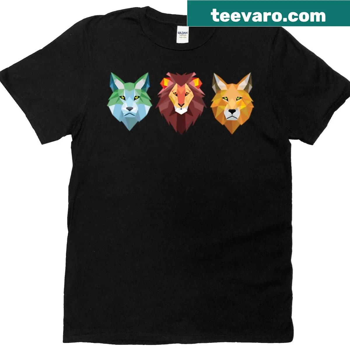 Geometric art T-shirt featuring low poly animal heads of a deer and lion — on a men's t-shirt