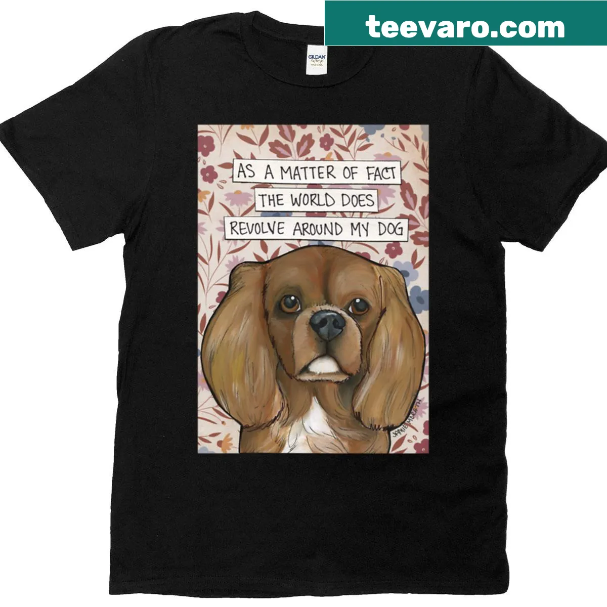 Hand created art design of a Cavalier King Charles Spaniel on a t-shirt — on a men's t-shirt