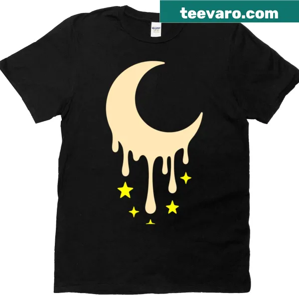 Whimsical melting moon illustration on a t-shirt