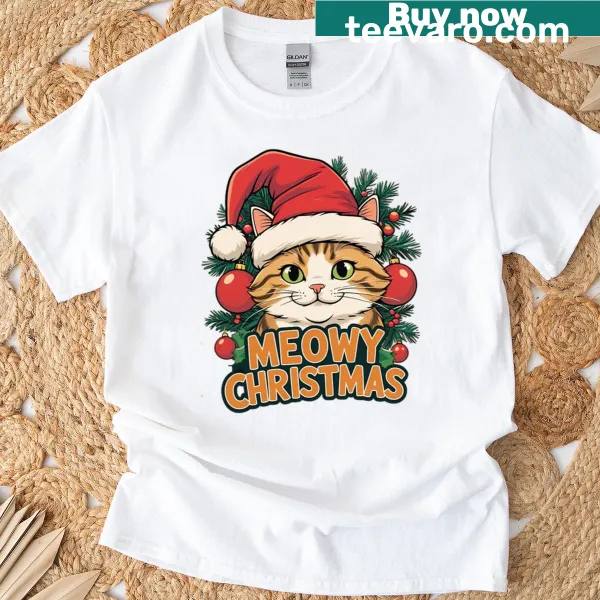 Funny cat-themed Christmas t-shirt featuring 'Meowy Christmas' pun.