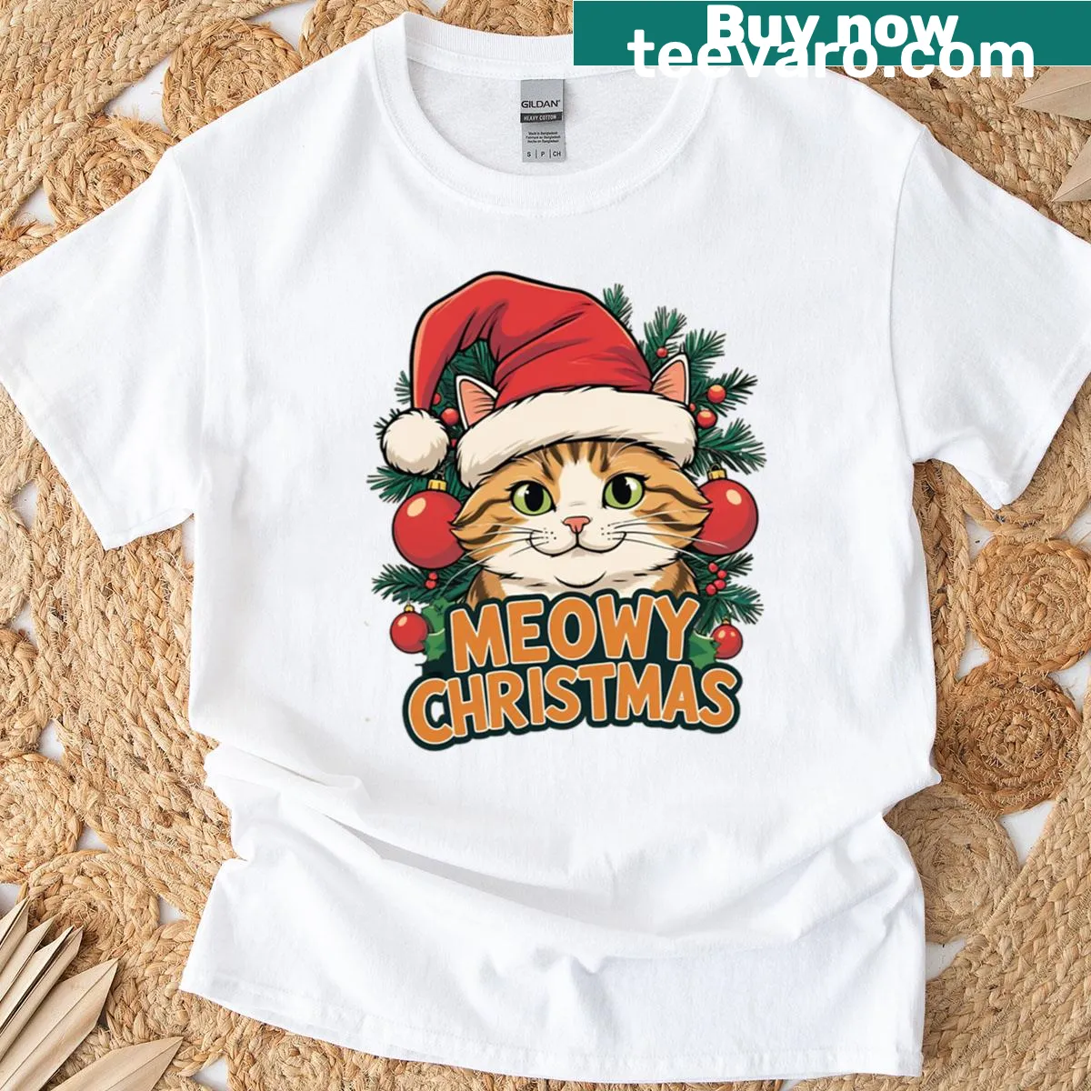 Funny cat-themed Christmas t-shirt featuring 'Meowy Christmas' pun. — on a men's t-shirt