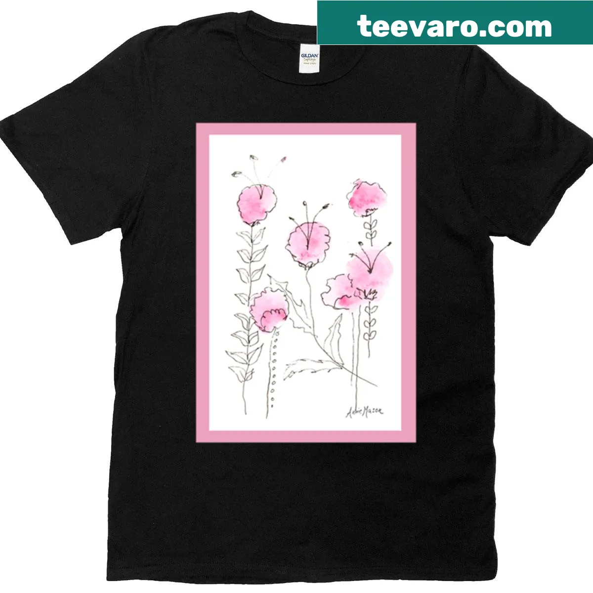 Watercolor and pen design of minimalistic pink flowers on a T-shirt — on a men's t-shirt