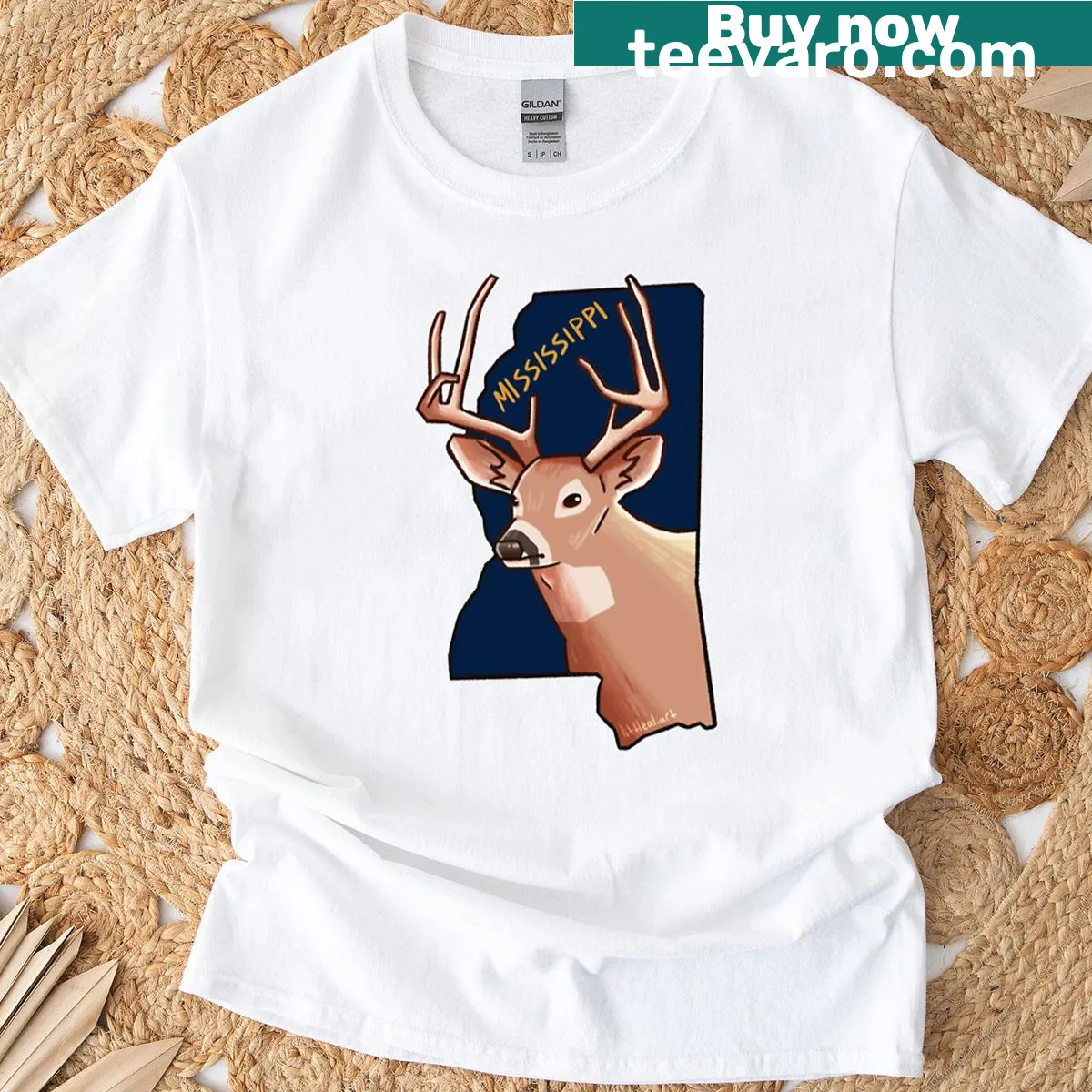 Illustration of a white-tailed deer on a Mississippi themed t-shirt — on a men's t-shirt