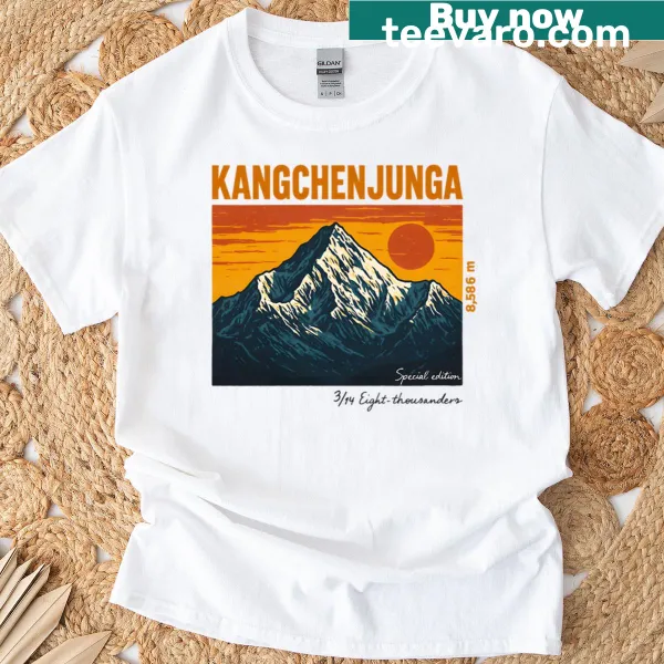 Vintage mountain graphic of Mount Kanchenjunga on a T-shirt.
