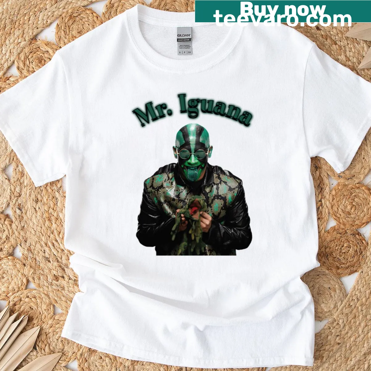 Mr Iguana T-shirt with playful digital wrestling illustration — on a men's t-shirt