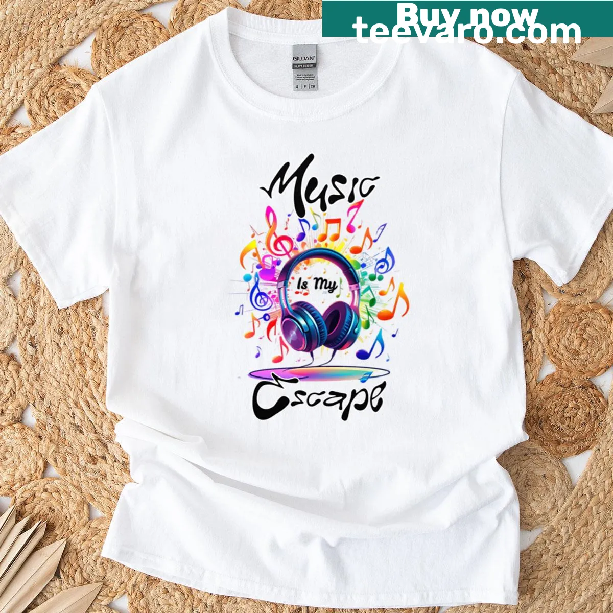 Typography design featuring 'Music Is My Escape' on a t-shirt — on a men's t-shirt