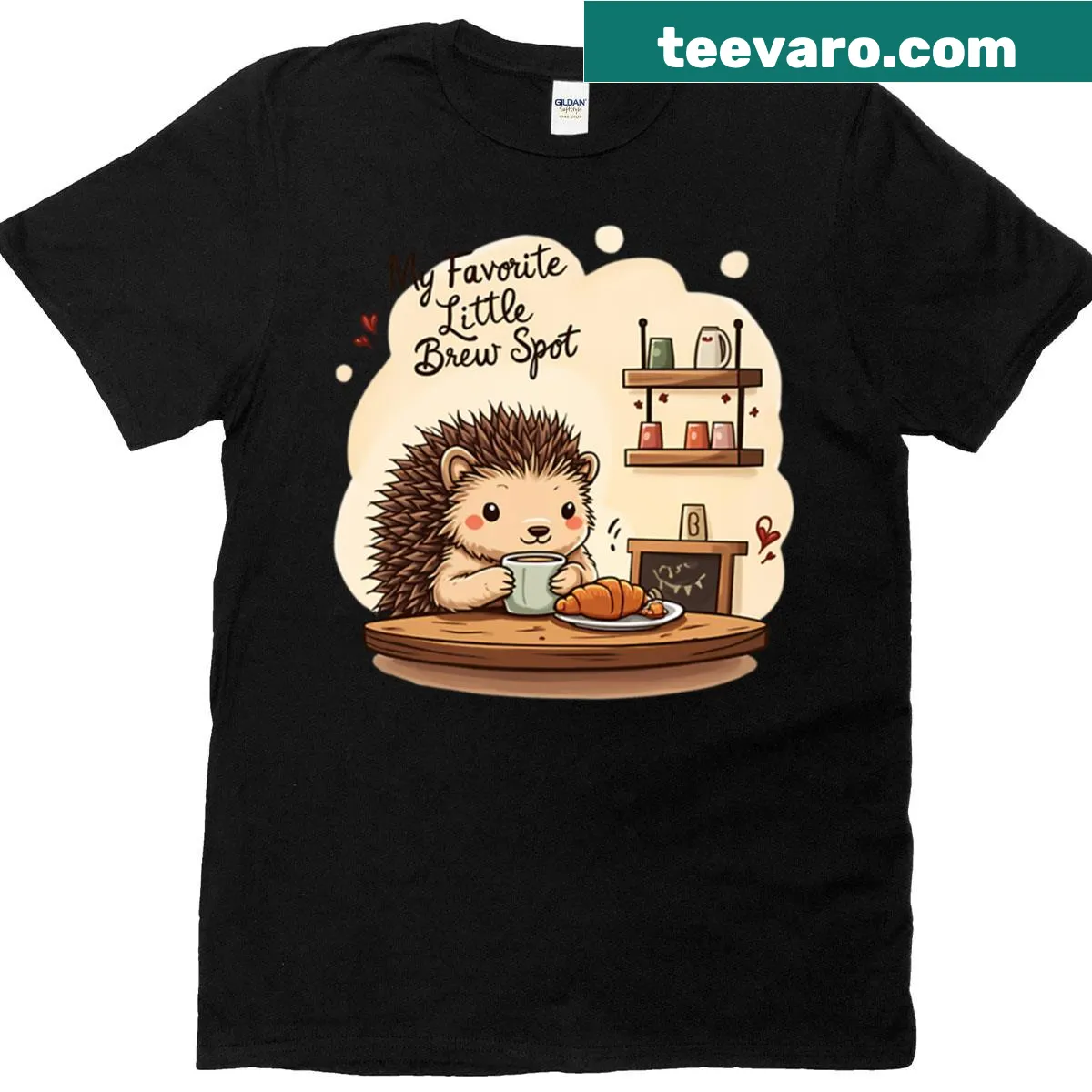 Cute cartoon hedgehog surrounded by coffee cups on a T-shirt — on a men's t-shirt