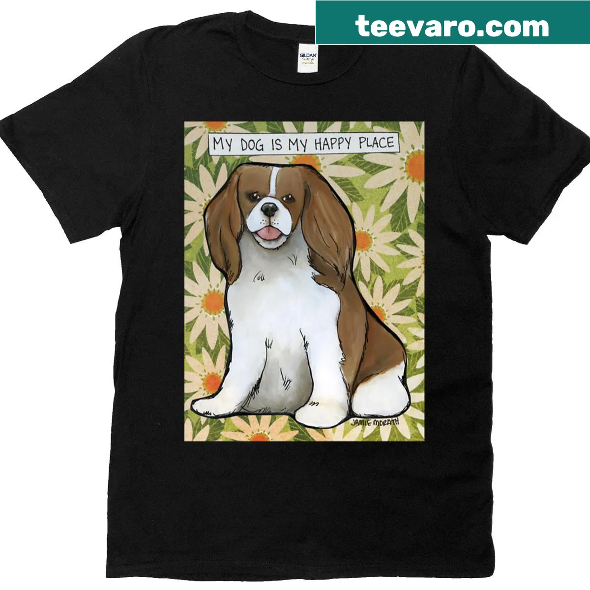 Hand created art of a Cavalier King Charles Spaniel on a T-shirt — on a men's t-shirt