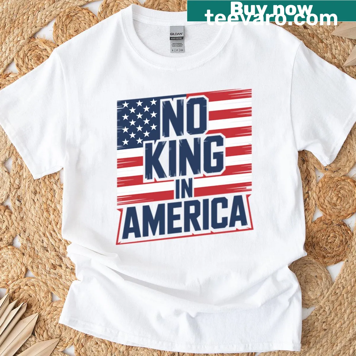 Patriotic T-shirt with 'No King In America' and flag design — on a men's t-shirt