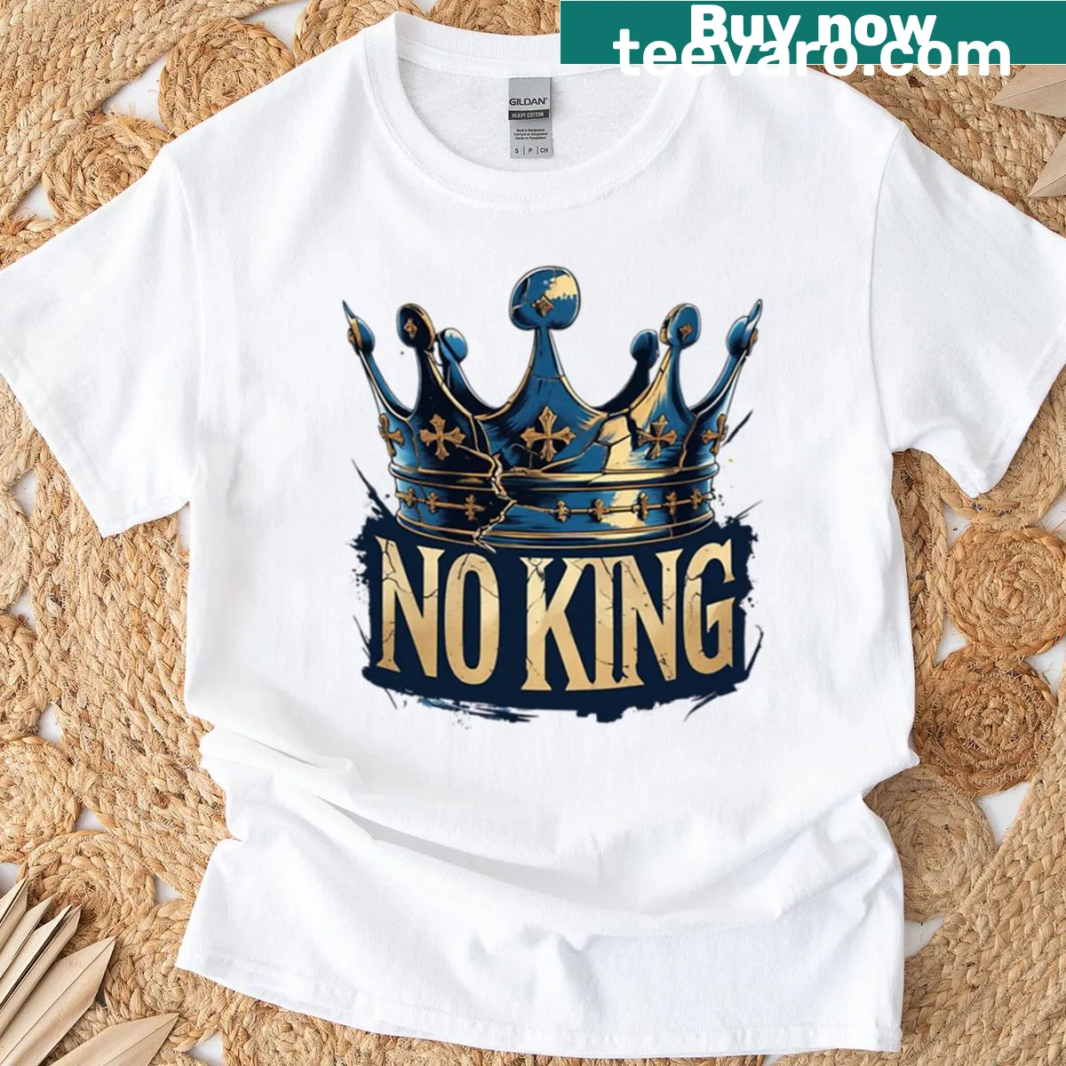 Simple black text stating 'No King' on a T-shirt — on a men's t-shirt