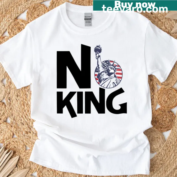 Text-based T-shirt with 'No King Stop' design
