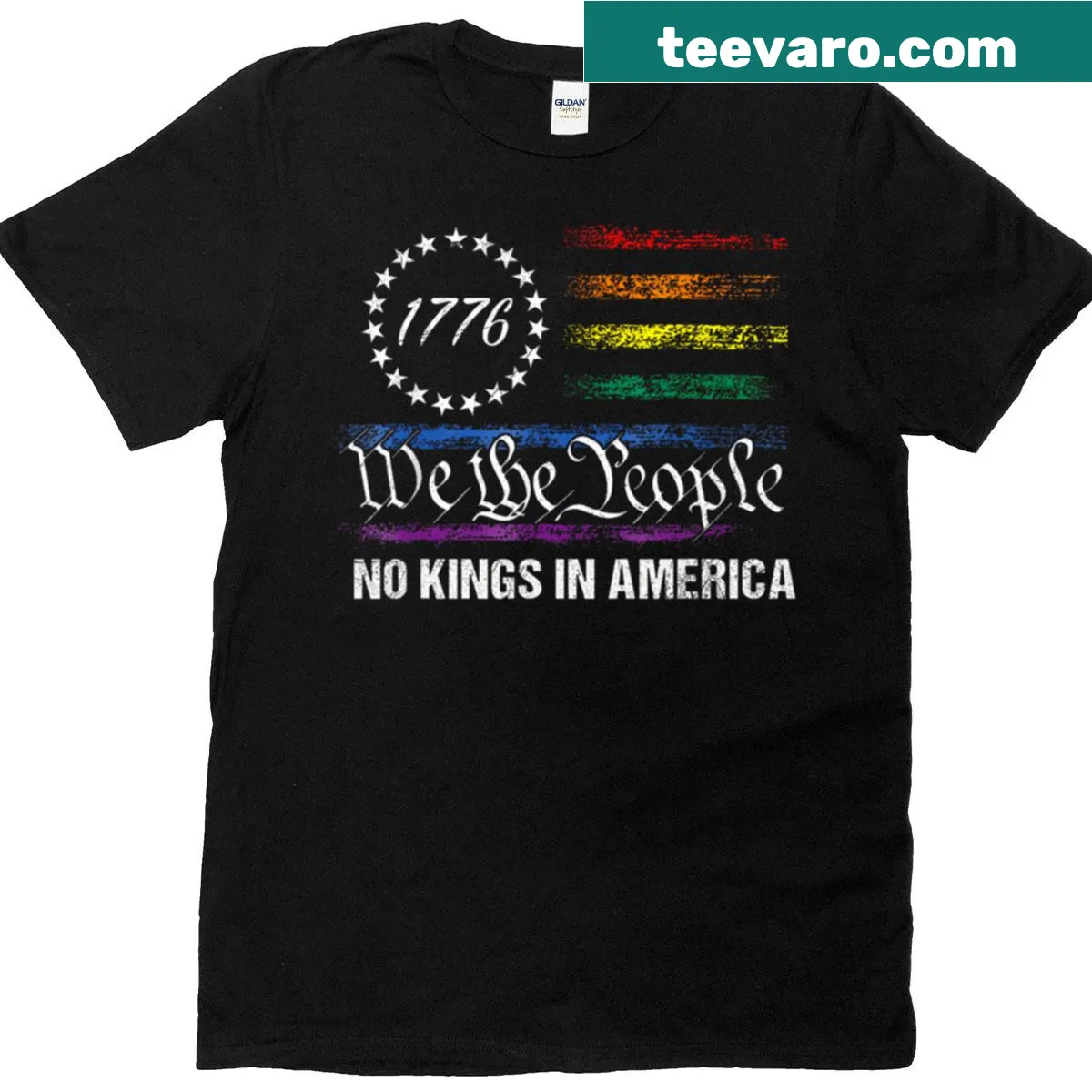Political T-shirt with the phrase 'No Kings In America' and flag design — on a men's t-shirt