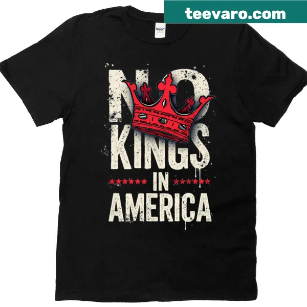 T-shirt featuring 'No Kings In America' with a red crown